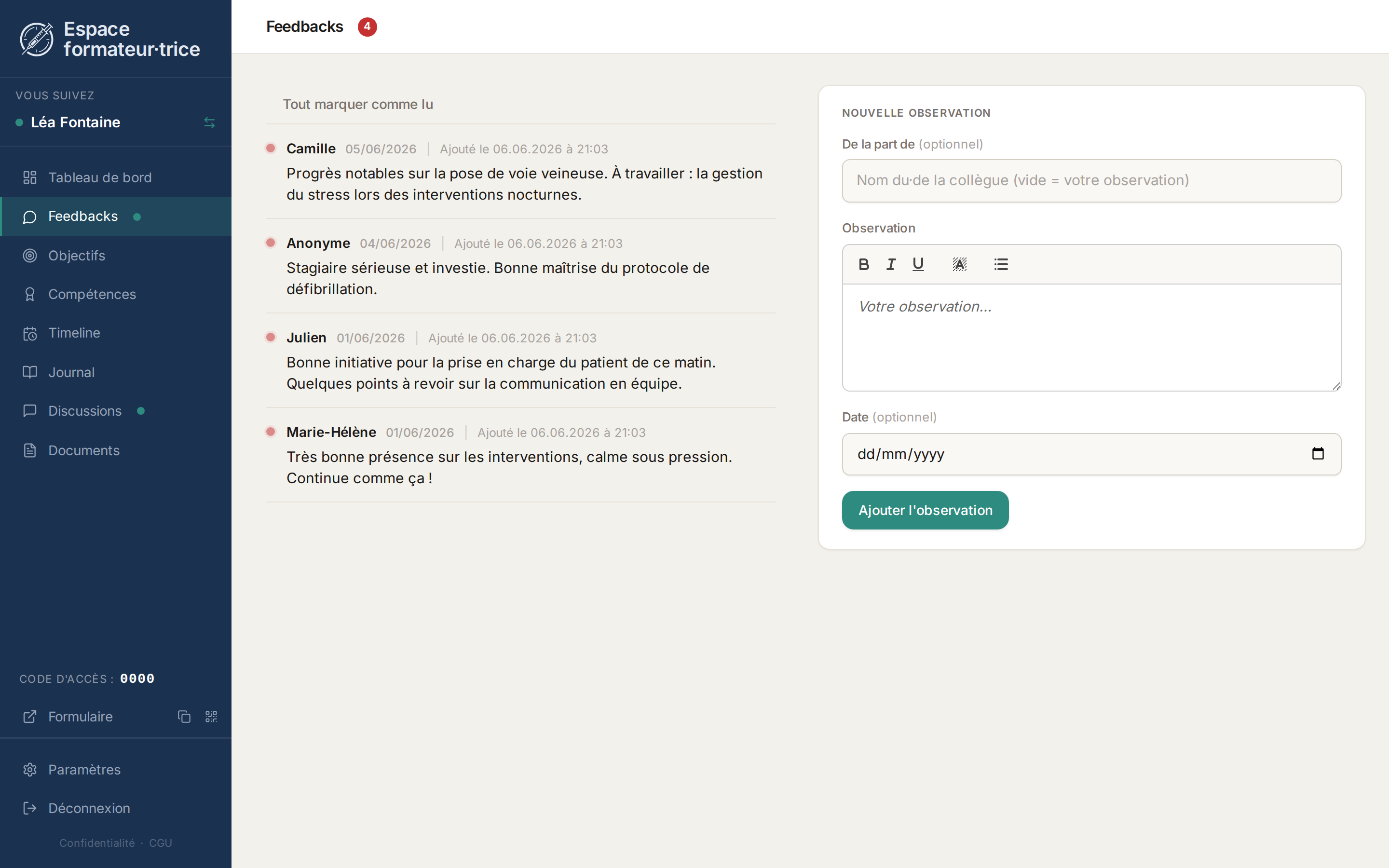 Page des feedbacks côté formatrice