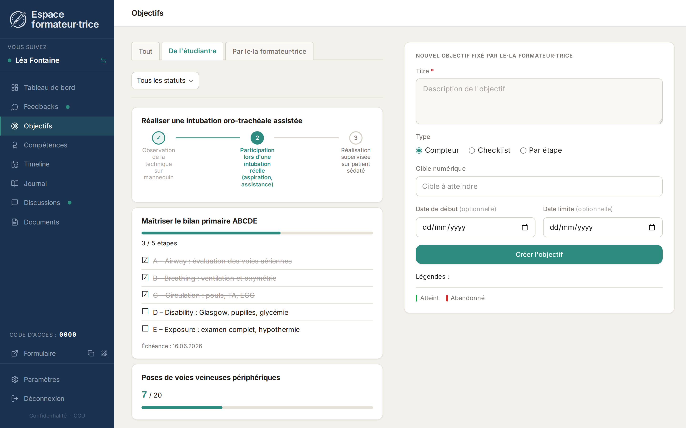 Page des objectifs côté formatrice